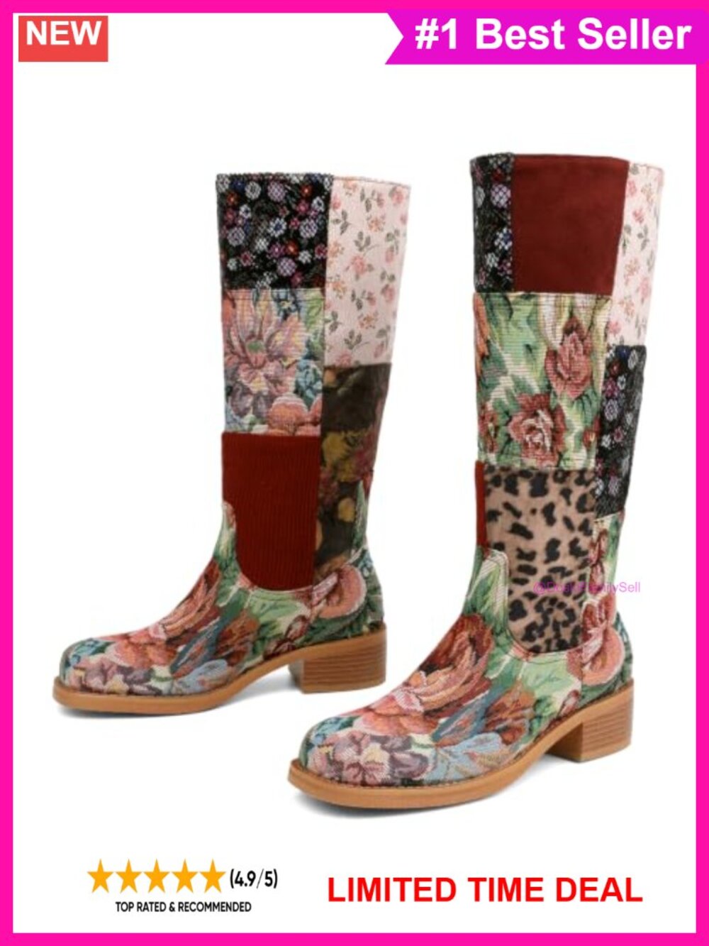 Faux Leather Patchwork Knee High Boots Block Heel Round Toe Pull-On